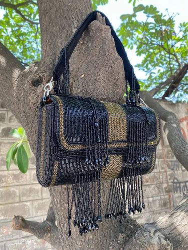 Black Crystal Flap Bag, Material: Polyester
