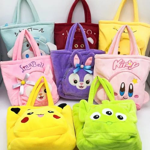 Multicolor Velvet 2 Pocket Hand Bag for Kids with Zipper & Handle 21x23 Cm