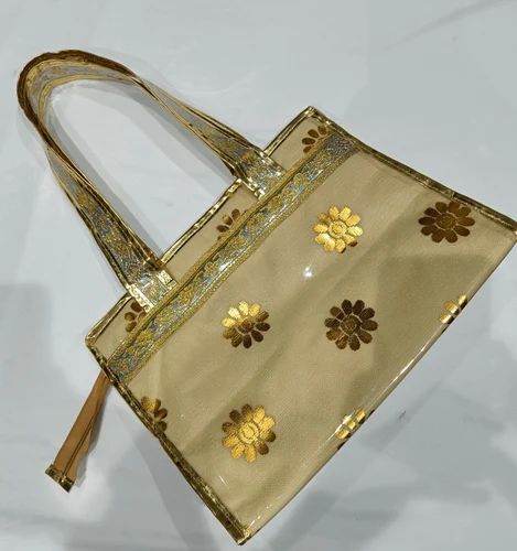 Printed Shoulder 3 Compartment Golden Hand Bag, 200 Gm, Size: 14x10x6 Inch