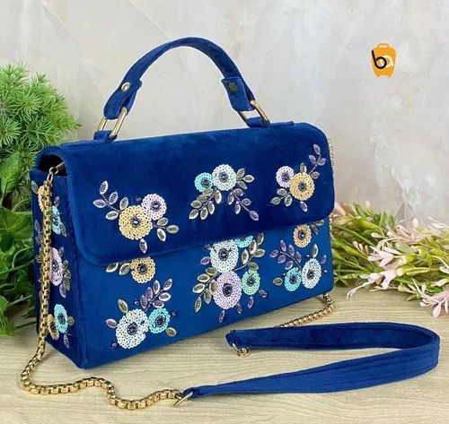 Bagsadda Blue Embroidery Box Satchel Bags, Size: 9.5 X 3 X 6 Inches