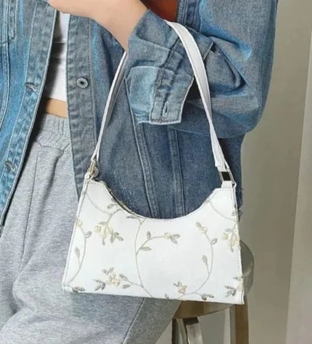 Women White Baguette Bag, Material: PU