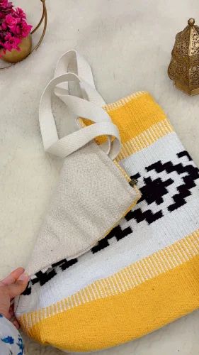 Printed Kilim Yellow Cotton rug Hand Bag, 12x14 inch
