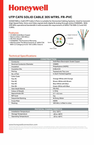 HONEYWELL Cat 6 UTP 4P Solid Cable 23AWG FRPVC CM305, Copper, 305 m