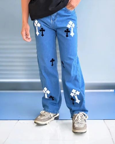 Straight Fit Printed Baggy Jeans, Blue