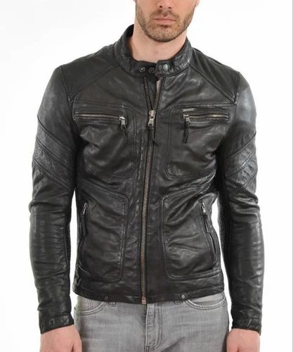 Casual Jackets Men Black PU Leather Jacket, Size: Large