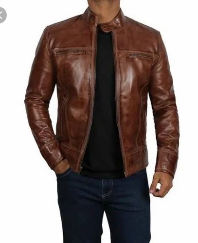 Casual Jackets Men Brown PU Leather Jacket, Size: Medium