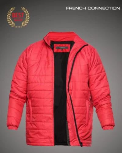 Men Red Corduroy Puffa Faux Leather Jacket, Medium