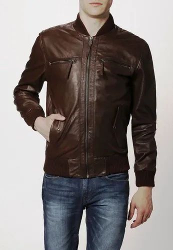 Men's Brown Lambskin Leather Slim-Fit Bomber Leather Jacket