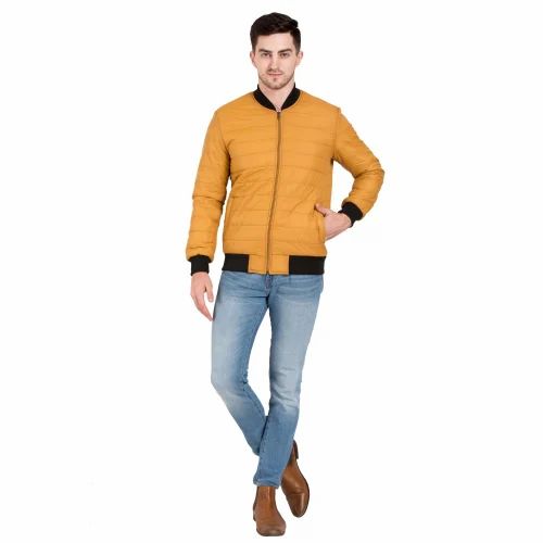 Leather Men Mustard Puffer Bomber Jacket