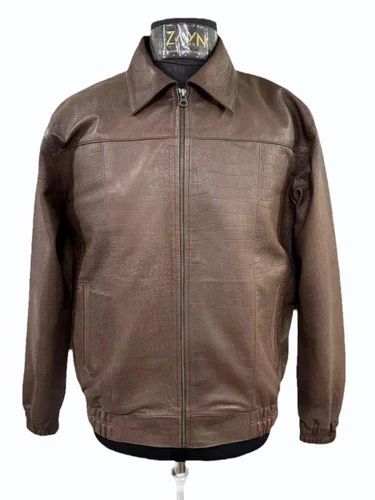 Men Brown Real Leather Croc Embossed Bomber Biker Luxury Croco Jacket