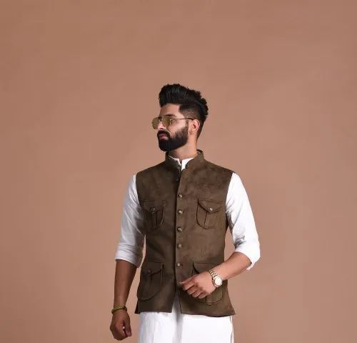 Four Pocket Half Jacket In Suede Leather Fabric Jacket