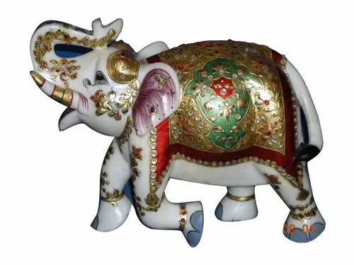 Multicolor Painted Elephant Marble Statue, For Interior Decor