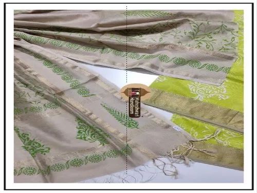 Silk Maheshwari Green-Tussar Handblock Printed Dress Material