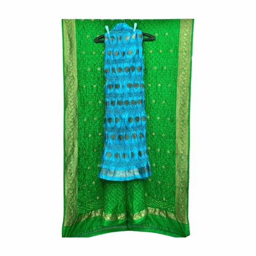 Bandhani Dress Material Sky Blue & Parrot Green Color Fancy Design Pure Silk Dress Material