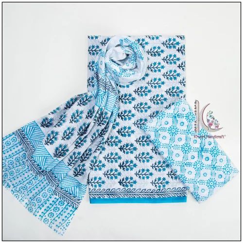 Cotton Hand Block Printed Suit With Mulmul Dupatta