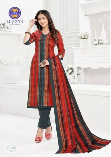 Printed Orange MFC Cotton Churidar Dress Material, For Clothing