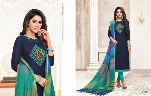 Printed Blue Unstitched Cotton Silk Churidar Material, For Clothing