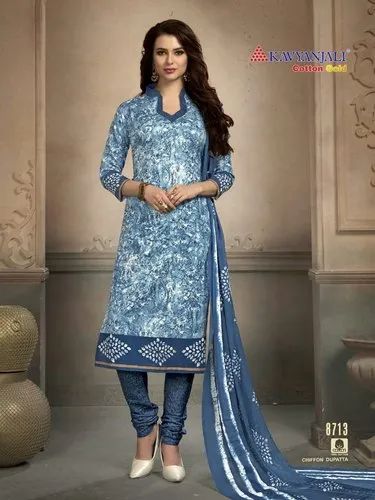 Printed Sky Blue Spun Cotton Churidar Material, For Clothing