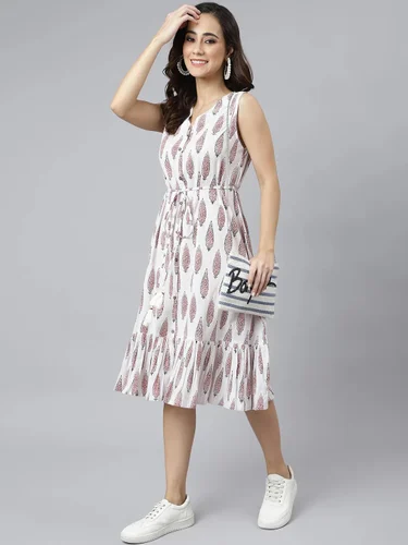 Women's Ethnic Motifs White Cotton Dress, Size: Medium