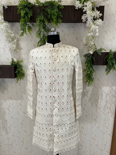 White Groom Wedding Sherwani, Pattern: Embroidery