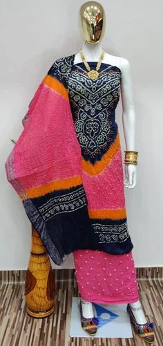 Cotton Satin Bandhej Suit, Unstitched
