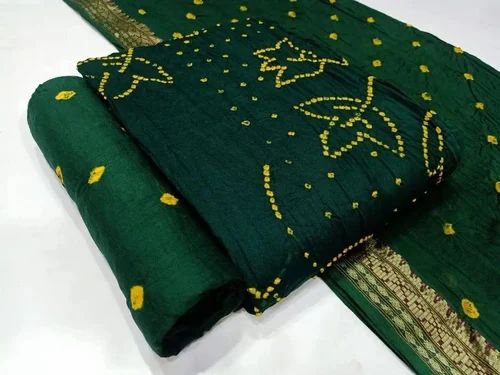 Embroidered SATIN FANCY BARIK BANDHEJ SUIT WITH WHITE BORDER BANDHEJ DUPATTA, Green