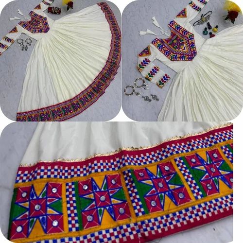 Cotton Embroidered Navratri Gamthi Gown, White