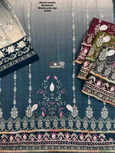 Cotton Embroidered Muslin Digital Print Suit