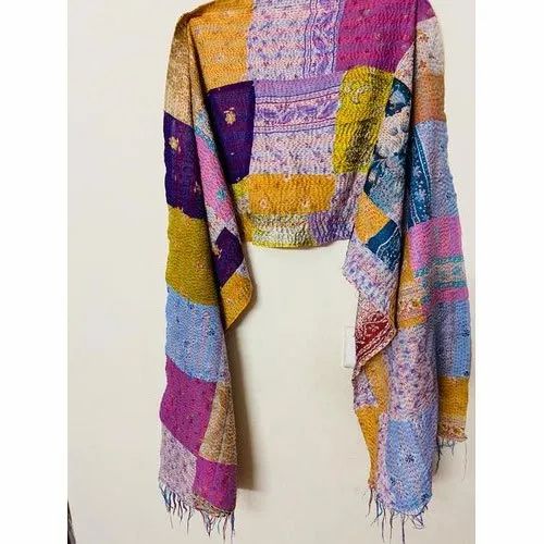 Multicolor Reversible Kantha Stitch Silk Stole