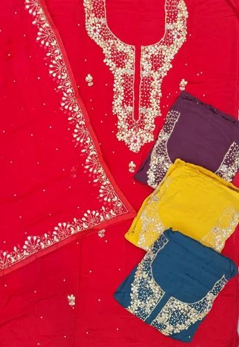 Red Organza Zari Work Unstitched Suit for Wedding Wear (Free Size)