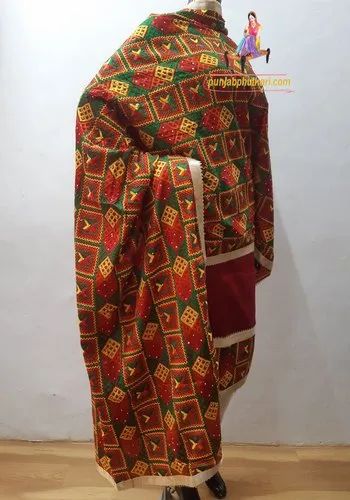 A-Line Unstitched Beautiful Phulkari Plain Jaam Cotton Suit, Handwash