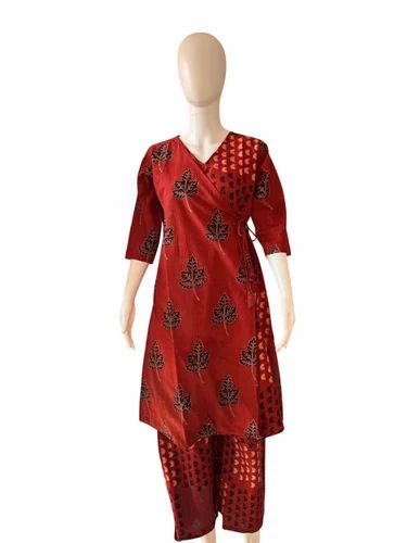 Cotton Red Ladies Kurti Palazzo Set, Printed