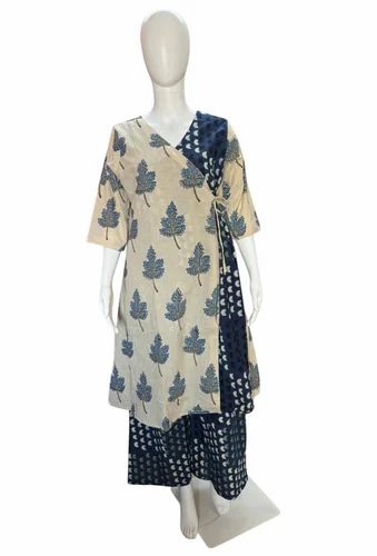 Cotton Cream White Ladies Kurti Palazzo Set, Printed
