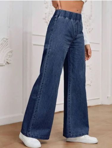 Plain Blue Ladies Denim Wedge Wide Jeans