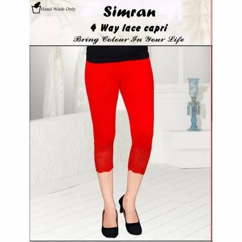Red Ladies Viscose Lycra 3/4 Net Capri
