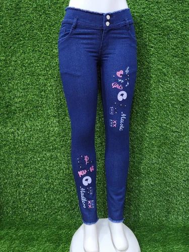 Skinny 28 Inch Ladies Printed Jeans, Button, Bottom