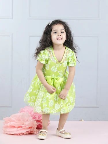 Cutiekins V-Neck Ethnic Motifs Print Flared Dress-Lime Green & Off White