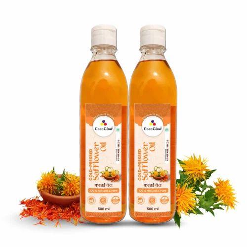 CocoGlow Cold Pressed Safflower Oil - 2 x 500 ml, Kacchi Ghani Lakdi Ghana Oil,