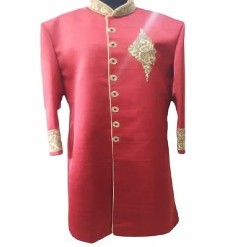 Men's Red Silk Wedding Sherwani, Pattern: Zari, Size: 34