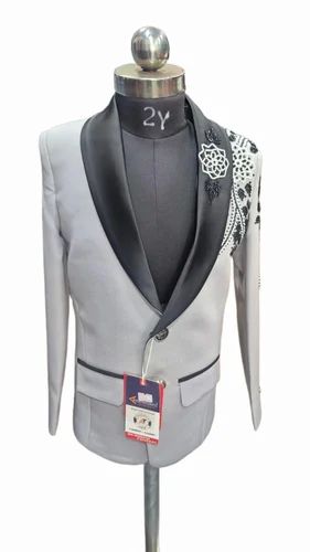 Men Light Grey 3 Piece Embroidered Suit