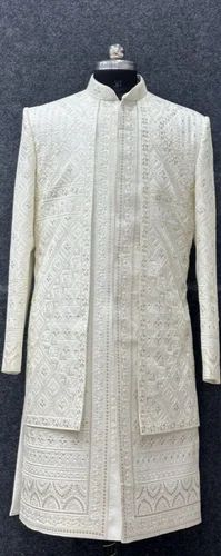 Men Snow White Embroidery Cotton Silk Sherwani