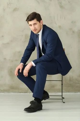 Blue Plain Men's Wedding Suit, Size: Large