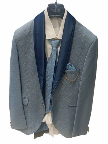 Blue 3 piece Men Wedding Suits, Cotton Blend
