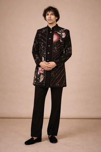 Black Floral Indo Western Sherwani