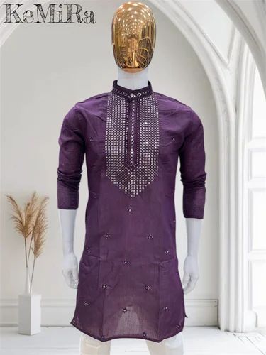 Men Regular Wear Malai Satin Embroidery Kurta Pajama Set