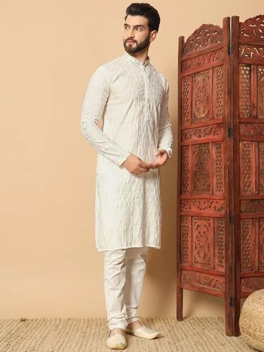 Men White Embroidered Kurta Pajama Set