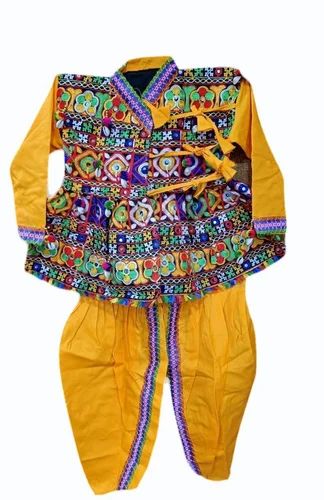 Boys Yellow Cotton Kachhi Work Dandiya Dress, Handwash, Size: Medium