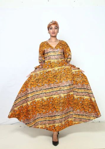 Printed Ladies Golden Ankara Flare Sleeve Maxi Boubou African Dress