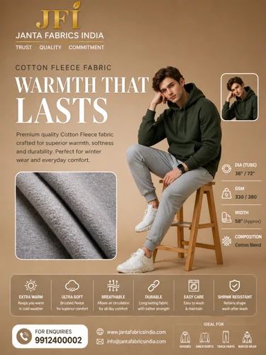 Three Thread Cotton Fleece Fabric, GSM: 250-300
