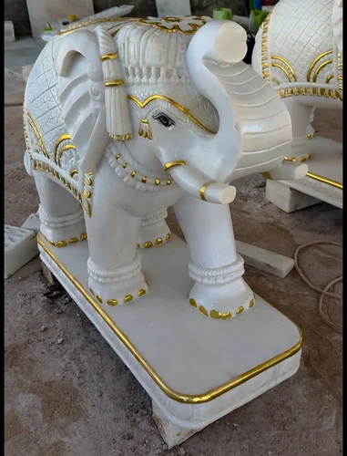 White Marble Elephant Statue, For Exterior Decor, 2 Feet